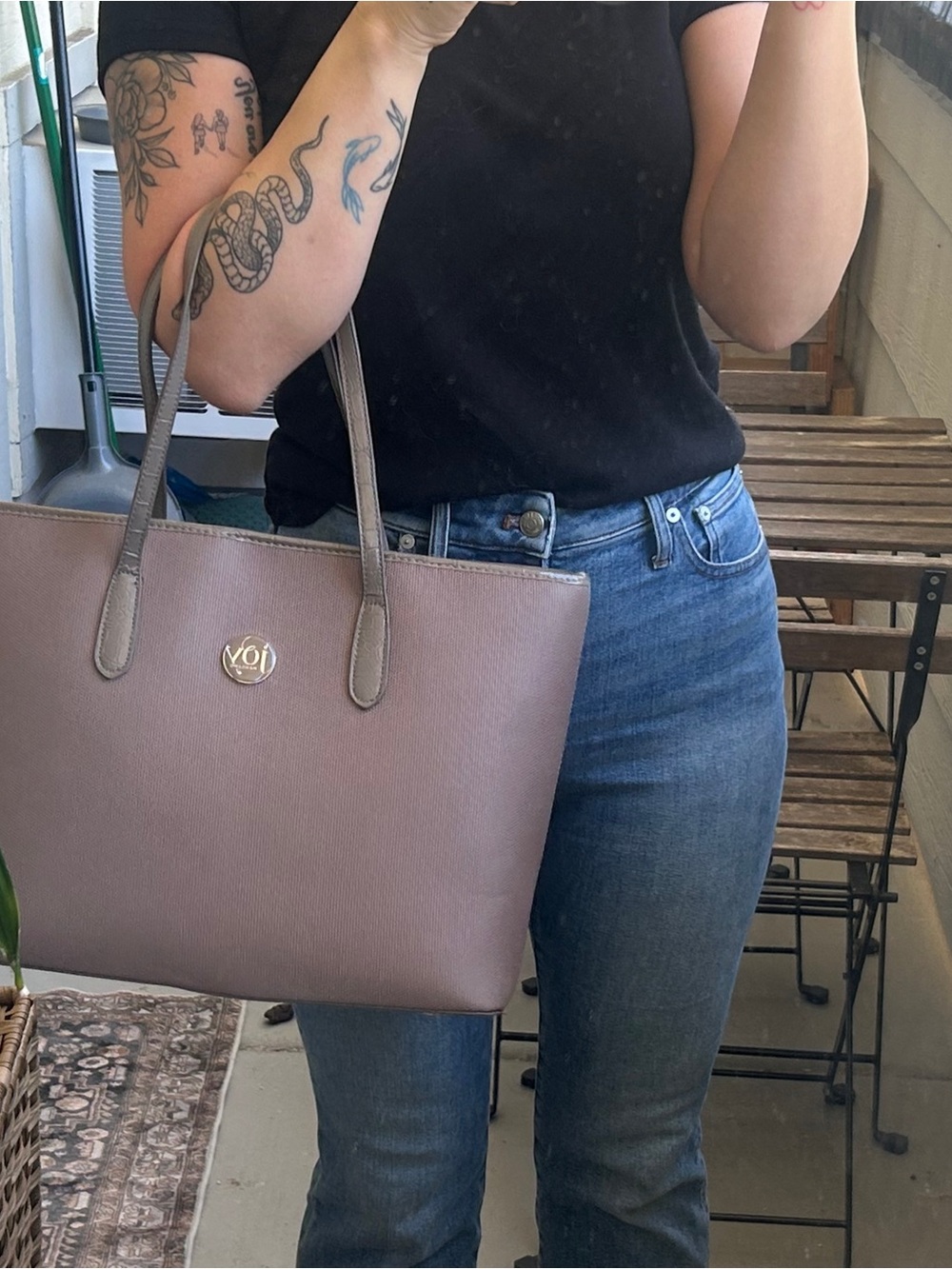 Joy Mangano Taupe Tote Bag with Gold Logo